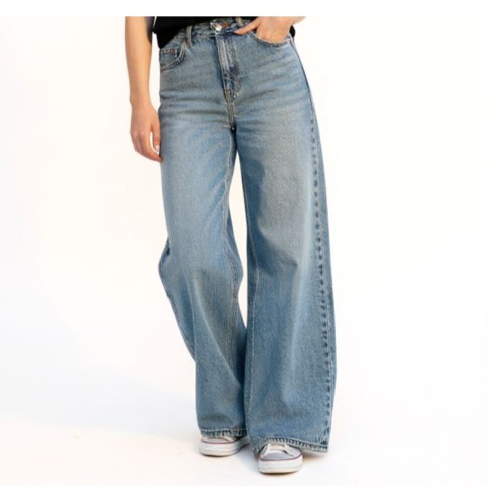 Pilcro Wide Leg Flare Jeans in Light Blue Denim